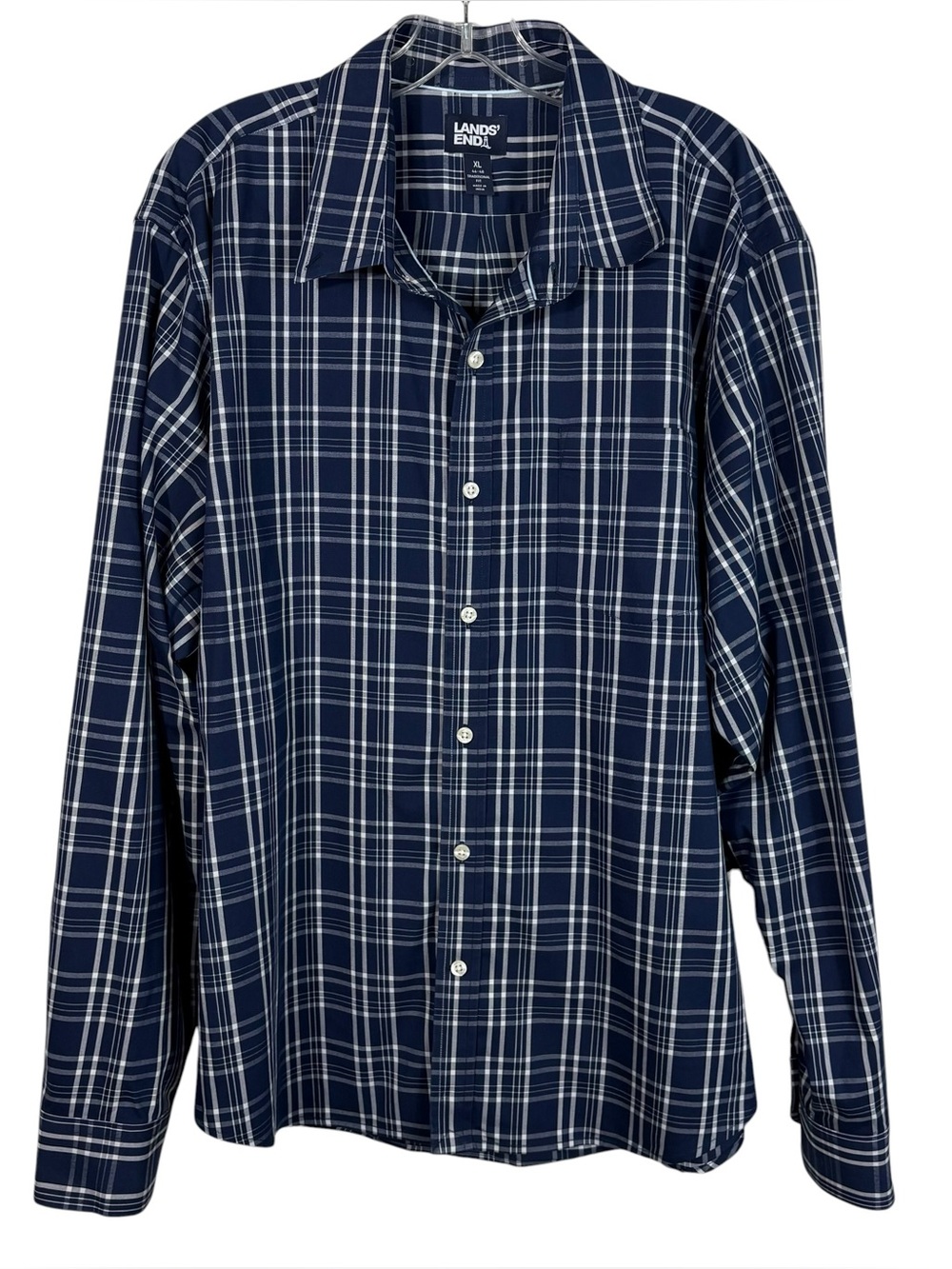 Land's End Men's Navy Blue White Plaid Print Traditional Fit Button Down Shirt